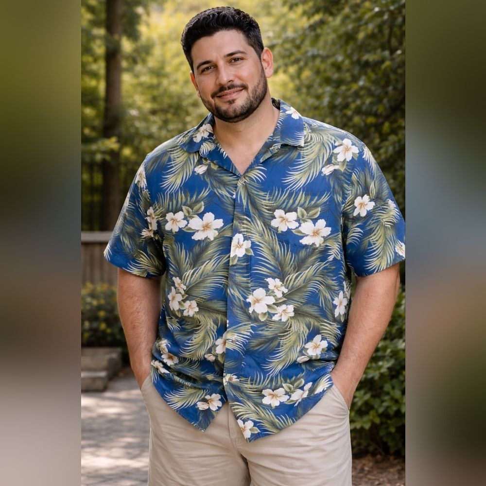 RJC Vintage Hawaiian Shirt Blue Floral Palm Print 3XL